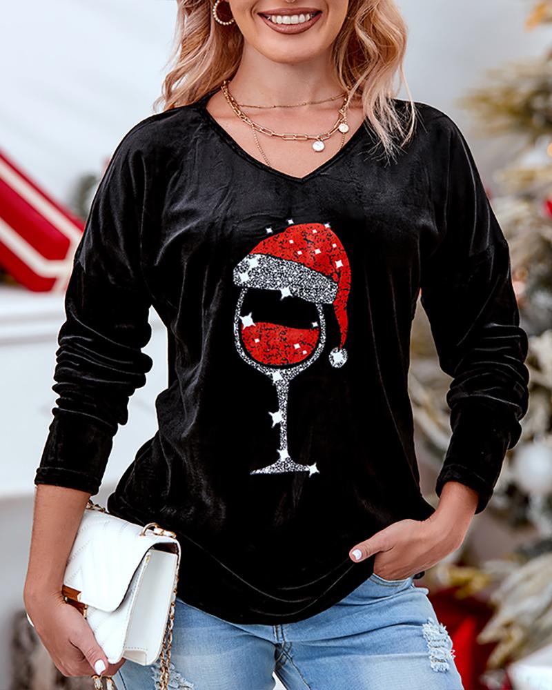 Christmas Hat Wine Glasses Print Long Sleeve Top