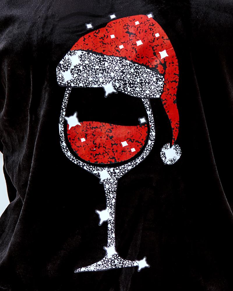 Christmas Hat Wine Glasses Print Long Sleeve Top