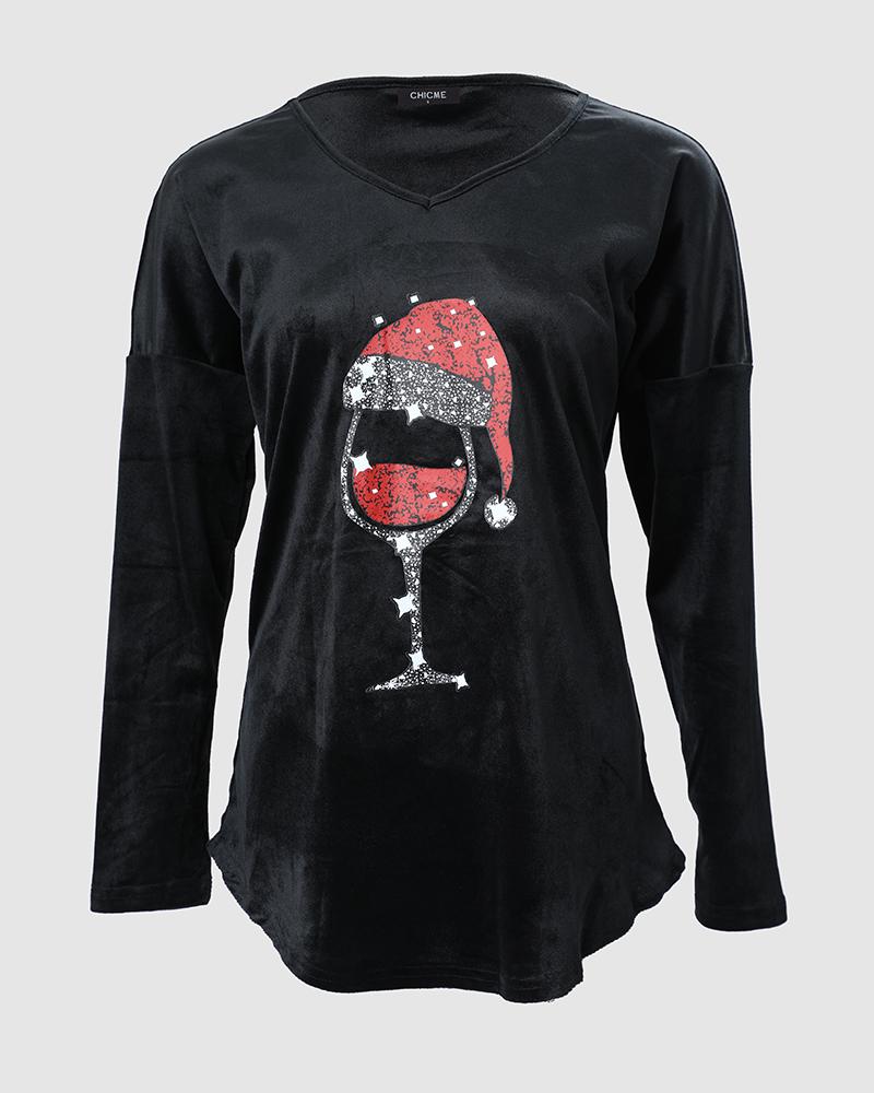 Christmas Hat Wine Glasses Print Long Sleeve Top