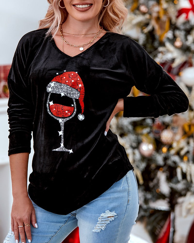 Christmas Hat Wine Glasses Print Long Sleeve Top