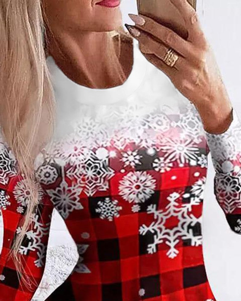 Christmas Snowflake Plaid Print Casual Dress