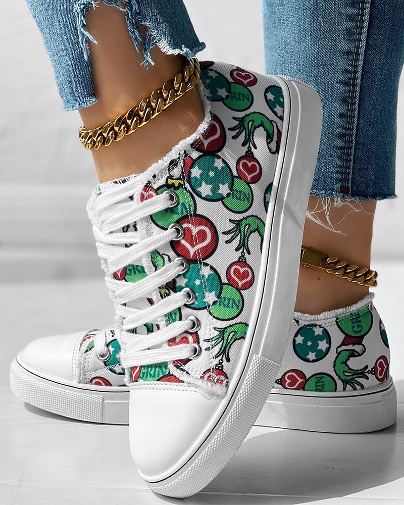 Christmas Thief Graphic Print Raw Hem Canvas Sneakers