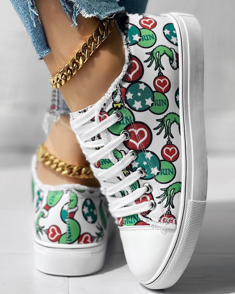 Christmas Thief Graphic Print Raw Hem Canvas Sneakers