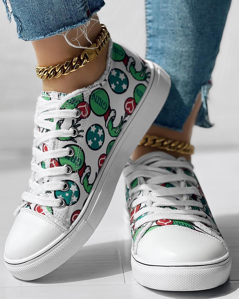 Christmas Thief Graphic Print Raw Hem Canvas Sneakers