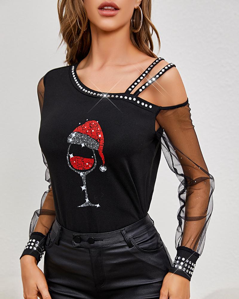 Christmas Wine Glass Print Contrast Mesh Cold Shoulder Top