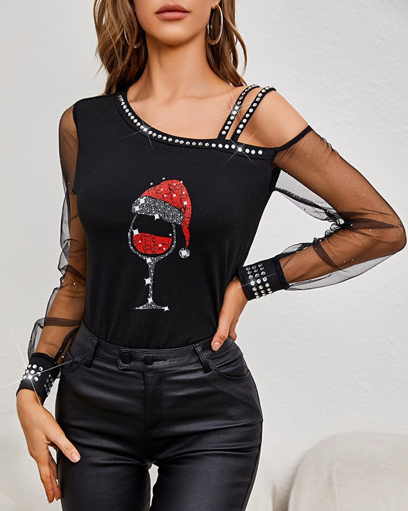 Christmas Wine Glass Print Contrast Mesh Cold Shoulder Top