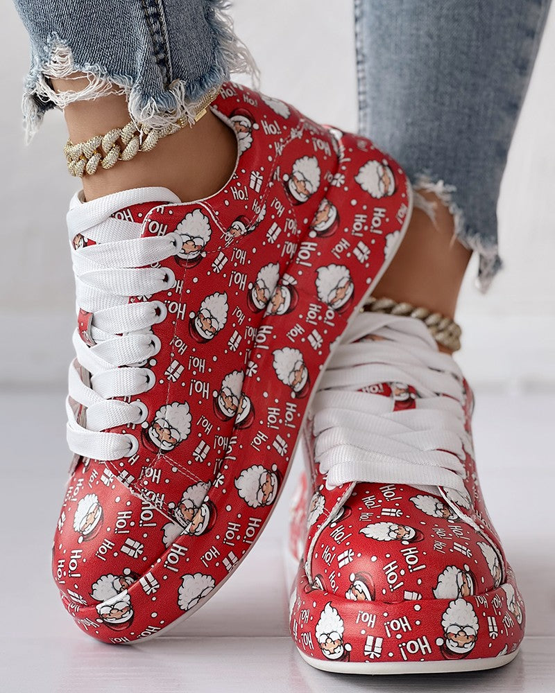 Christmas Santa Letter Print Lace up Sneakers