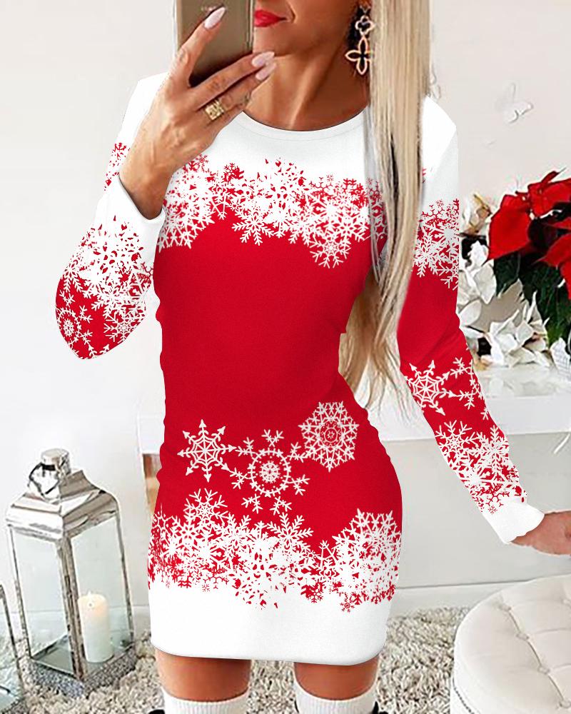 Christmas Snowflake Print Long Sleeve Bodycon Dress