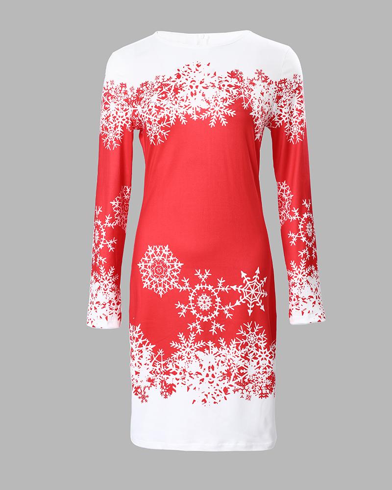 Christmas Snowflake Print Long Sleeve Bodycon Dress