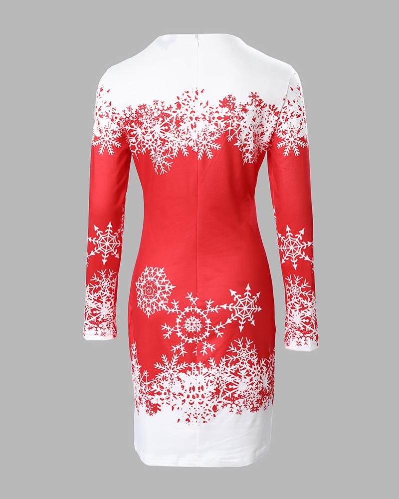 Christmas Snowflake Print Long Sleeve Bodycon Dress