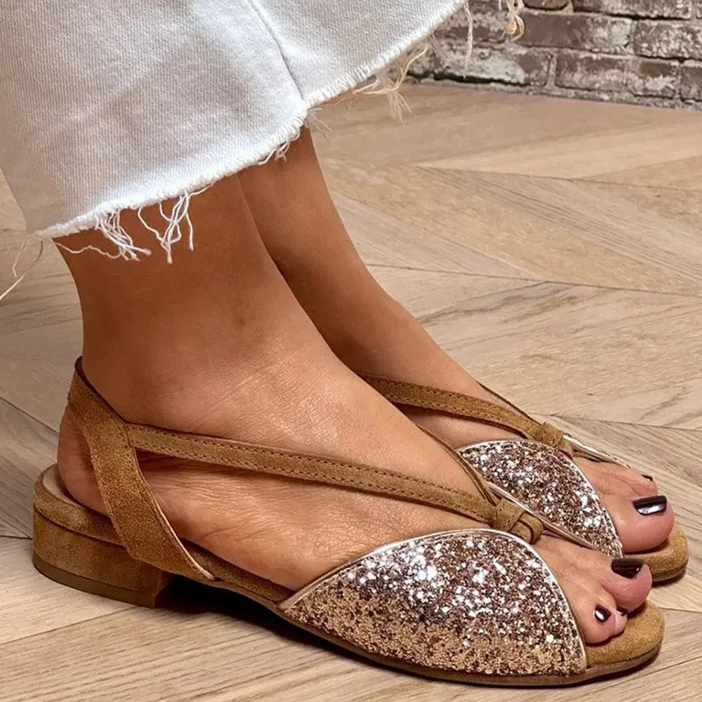Brown Suede Sequined Fish Mouth Thick Heel Sandals