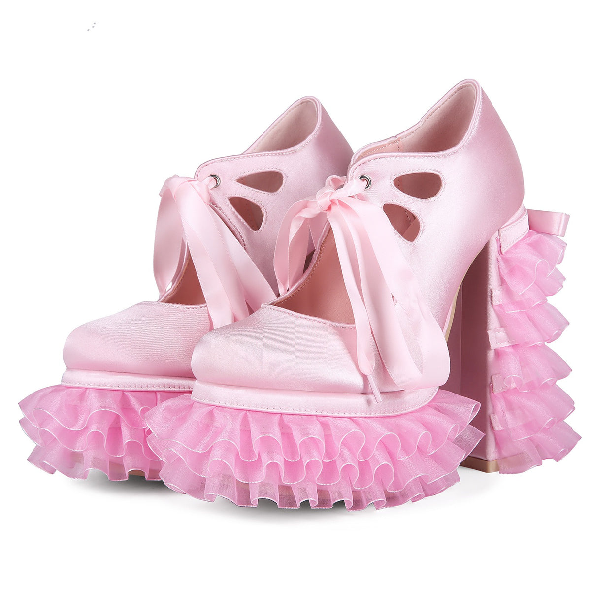 Pink Platform Lace Chunky Heels