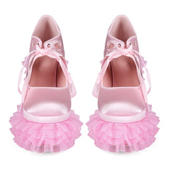 Pink Platform Lace Chunky Heels