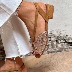 Brown Suede Sequined Fish Mouth Thick Heel Sandals