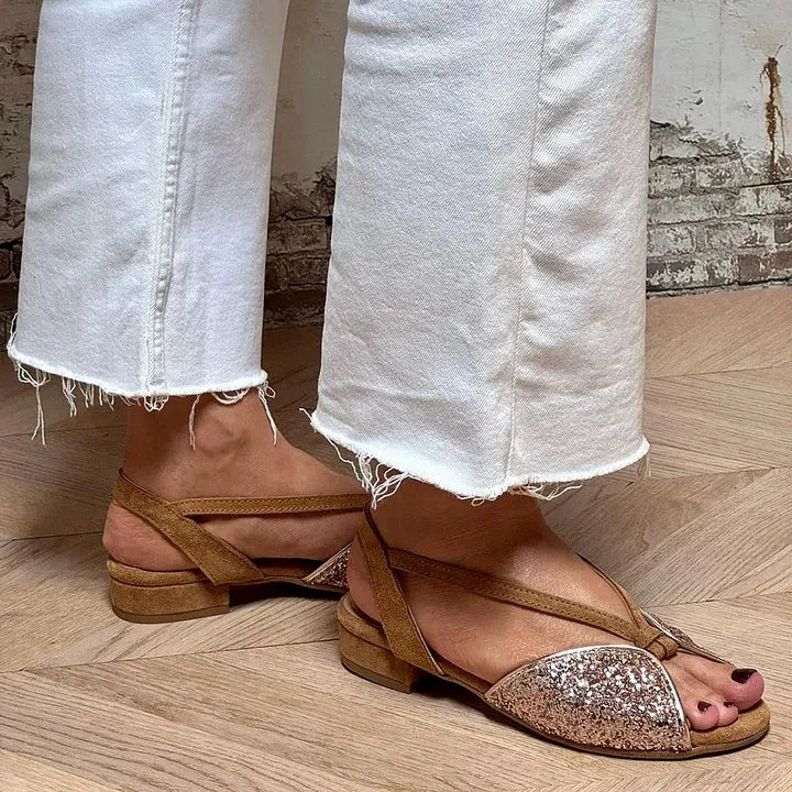 Brown Suede Sequined Fish Mouth Thick Heel Sandals