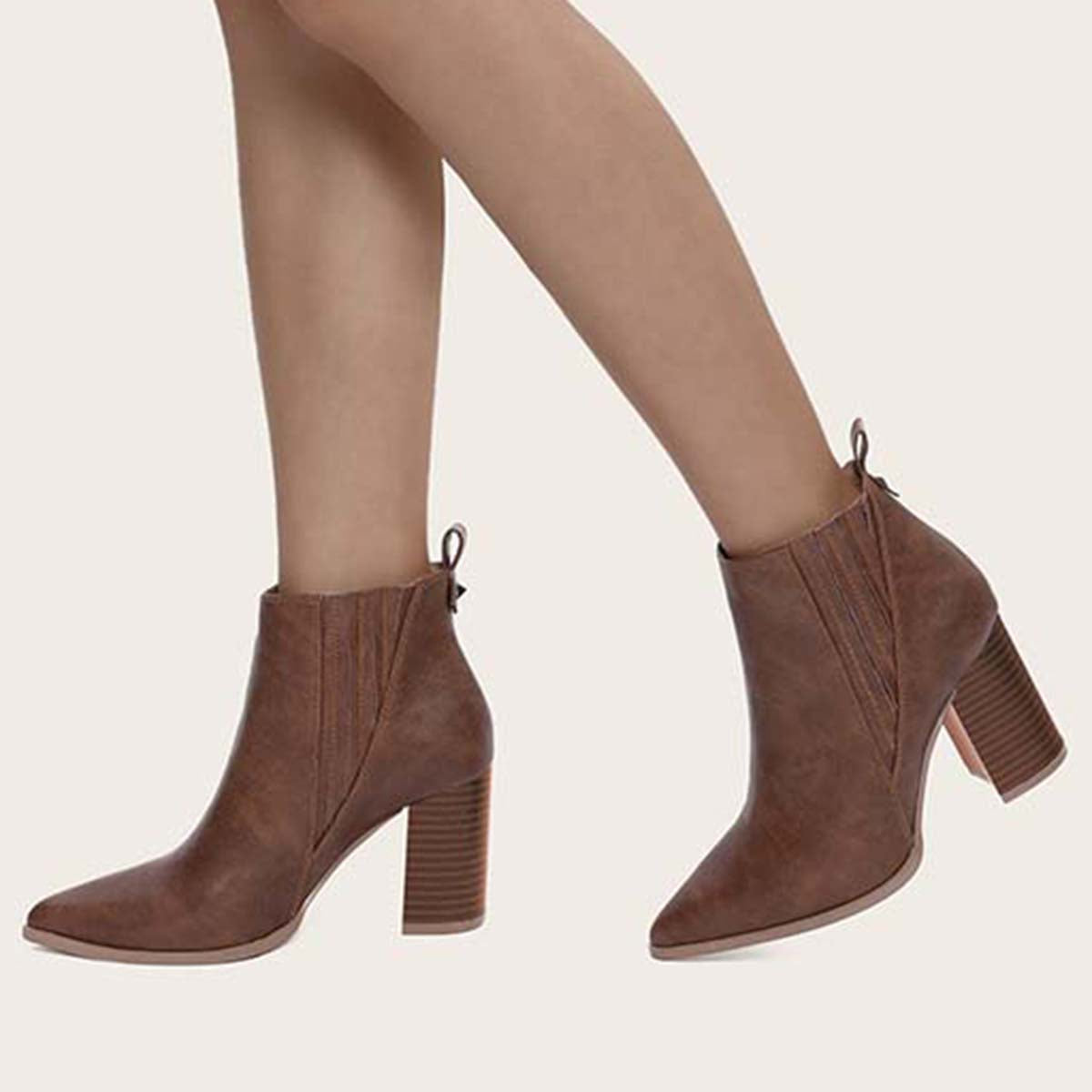 Chunky High Heel Ankle Boots Slip on Dress Booties