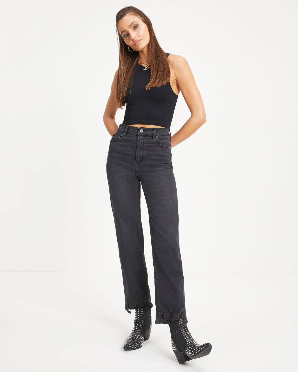 Lively High Rise Stretch Distressed Wide Leg Jeans - Charcoal