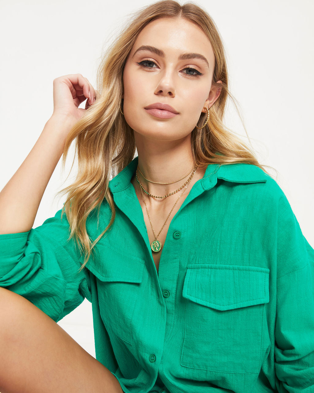 Offshore Dreams Cotton Button Down Top - Emerald