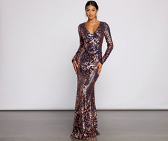 Ayla Formal Long Sleeve Sequin Scroll Dress