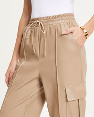 Explore The World Faux Leather Cargo Pants - Beige