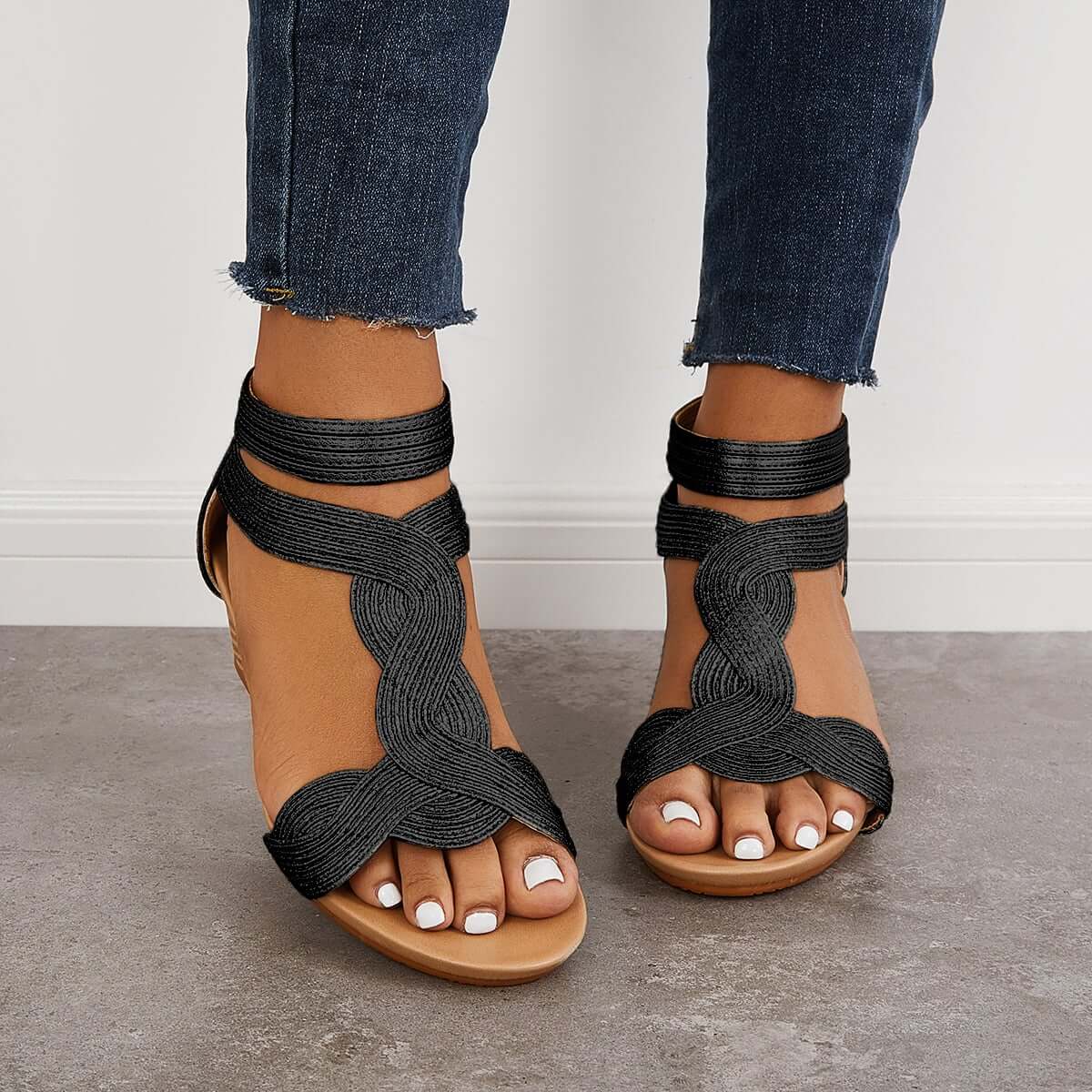 Casual T-Strap Wedge Sandals Back Zipper Ankle Strap Shoes