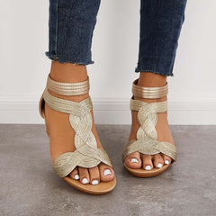 Casual T-Strap Wedge Sandals Back Zipper Ankle Strap Shoes