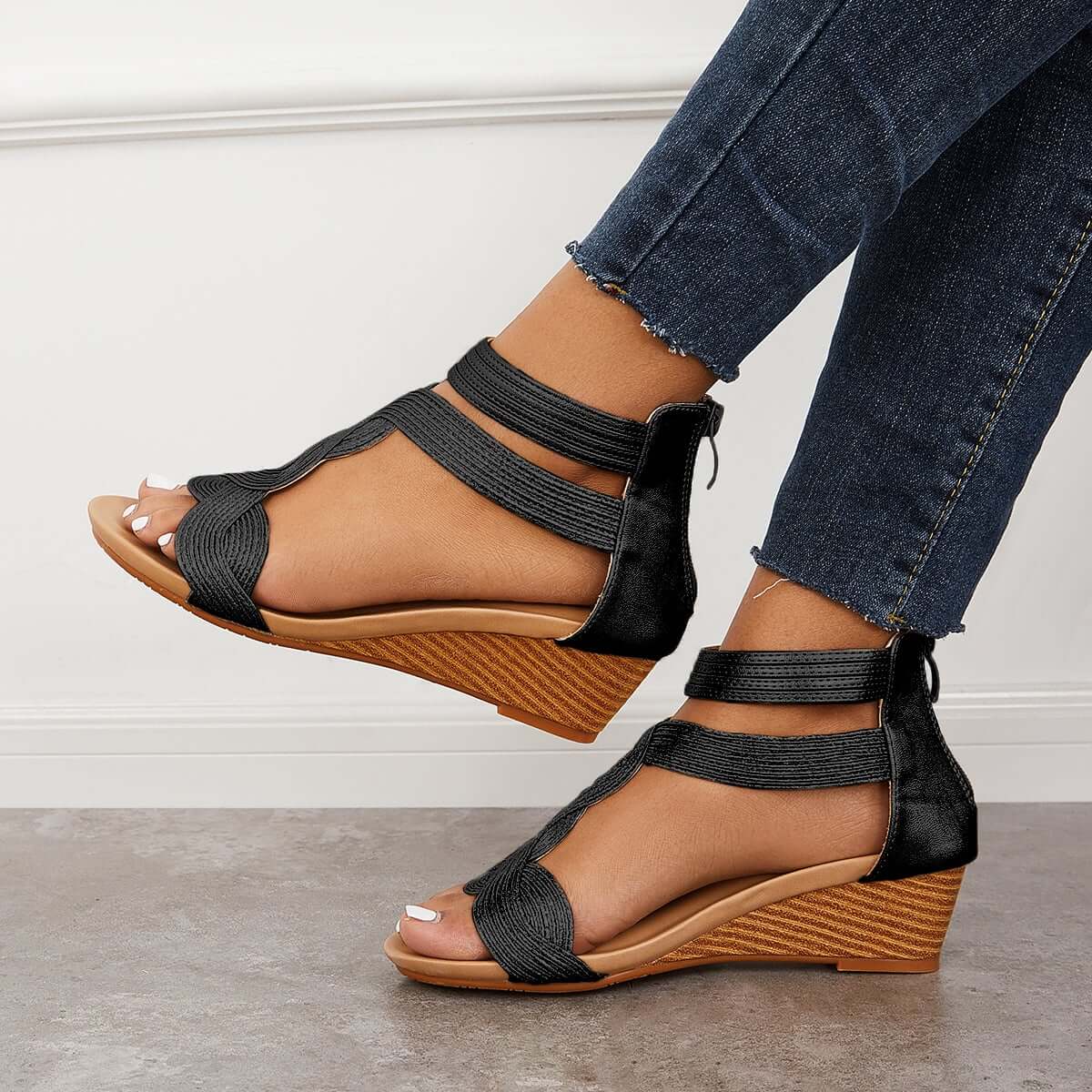 Casual T-Strap Wedge Sandals Back Zipper Ankle Strap Shoes