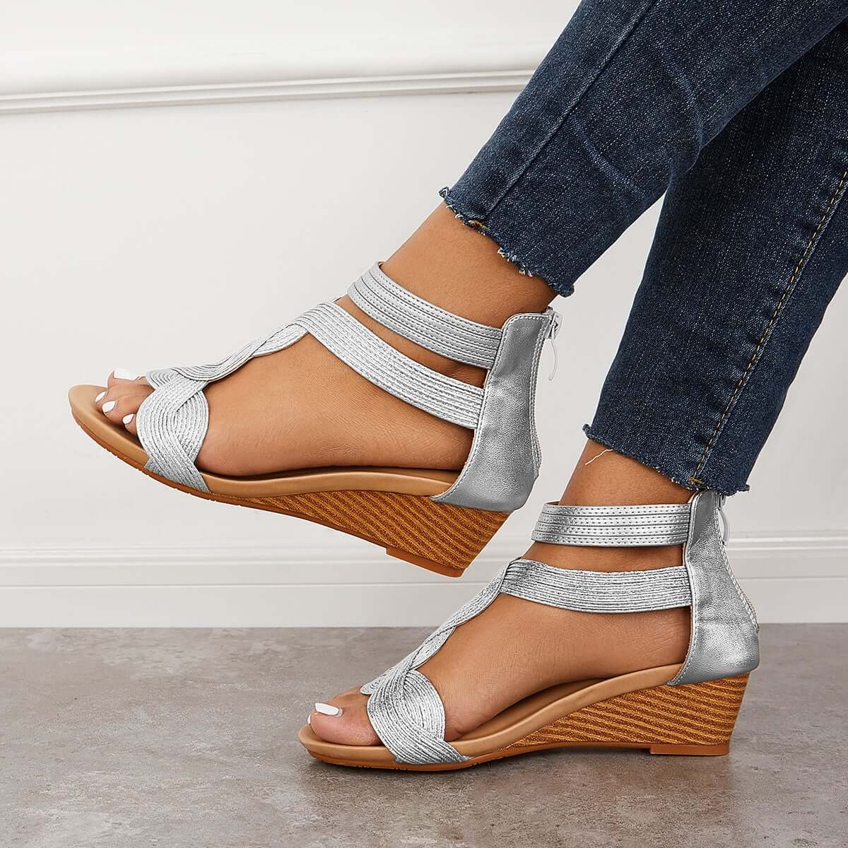 Casual T-Strap Wedge Sandals Back Zipper Ankle Strap Shoes