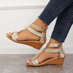 Casual T-Strap Wedge Sandals Back Zipper Ankle Strap Shoes