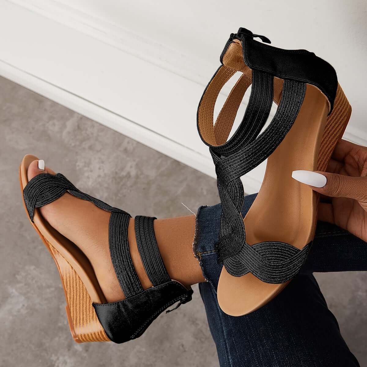 Casual T-Strap Wedge Sandals Back Zipper Ankle Strap Shoes