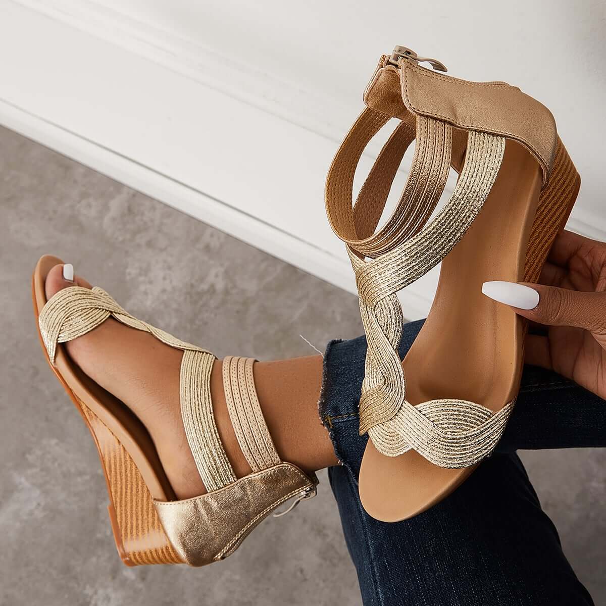 Casual T-Strap Wedge Sandals Back Zipper Ankle Strap Shoes