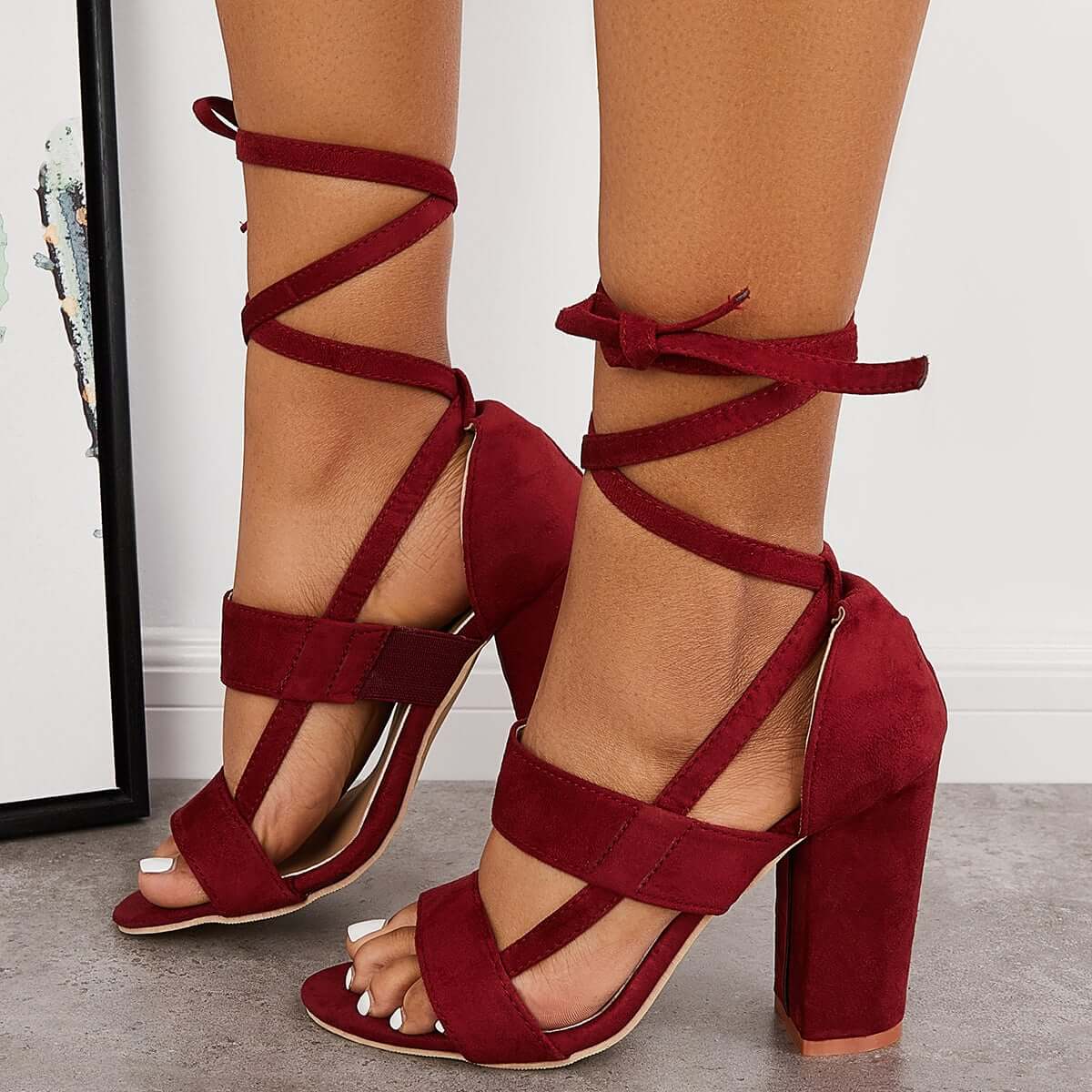 Lace Up Chunky Block High Heel Sandals Ankle Strap Dress Heels