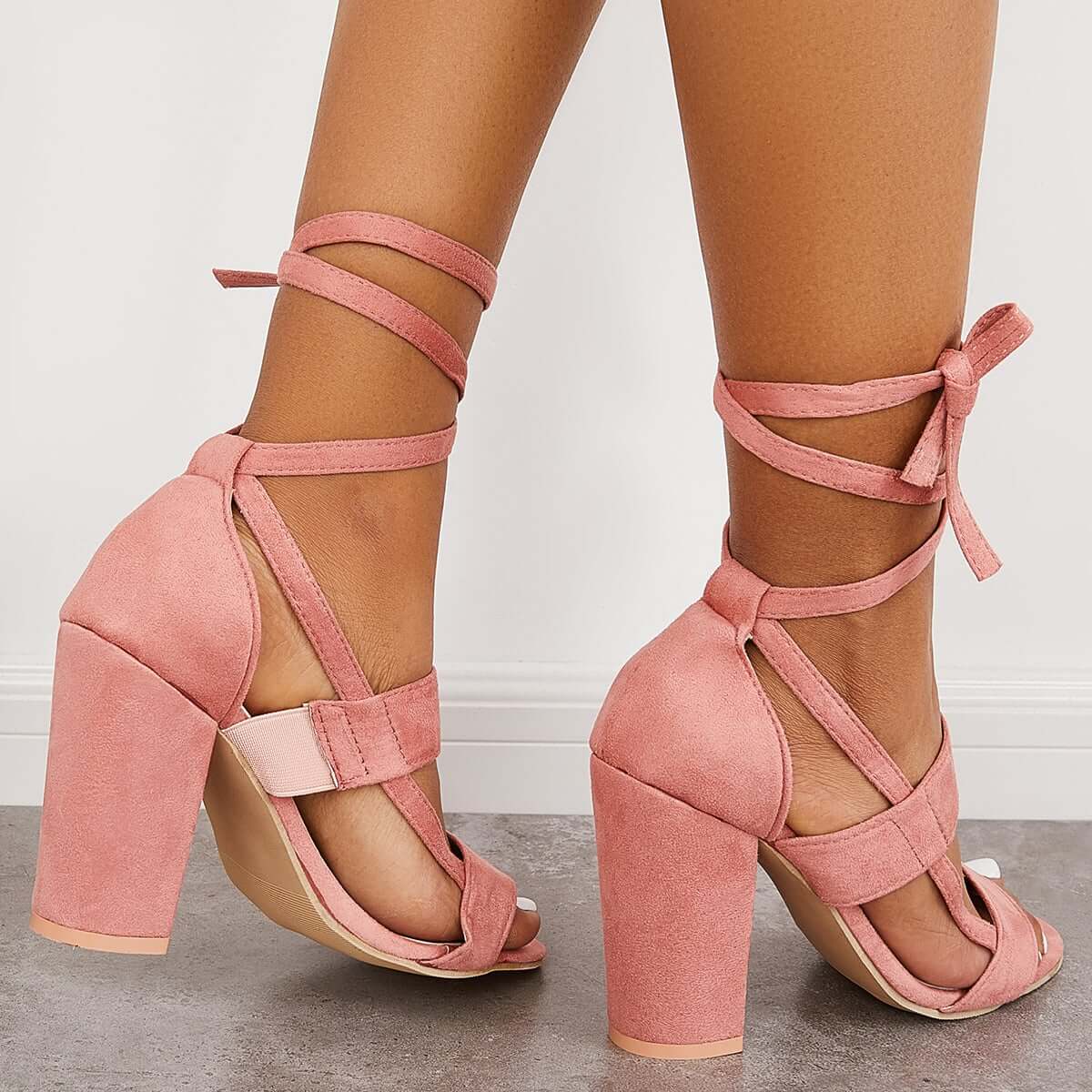 Lace Up Chunky Block High Heel Sandals Ankle Strap Dress Heels