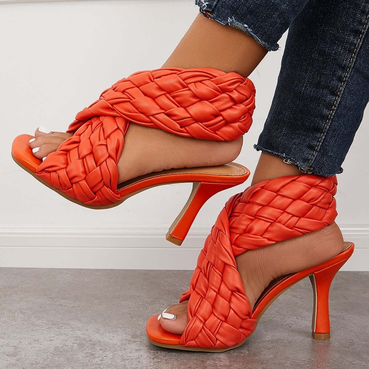 Braided Woven Stilettos High Heels Criss Cross Ankle Strap Sandals