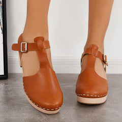 Brown Chunky Platform Heel Clogs Ankle Strap Sandals