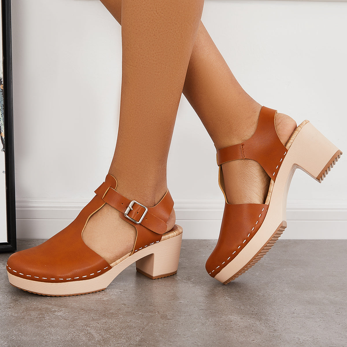 Brown Chunky Platform Heel Clogs Ankle Strap Sandals