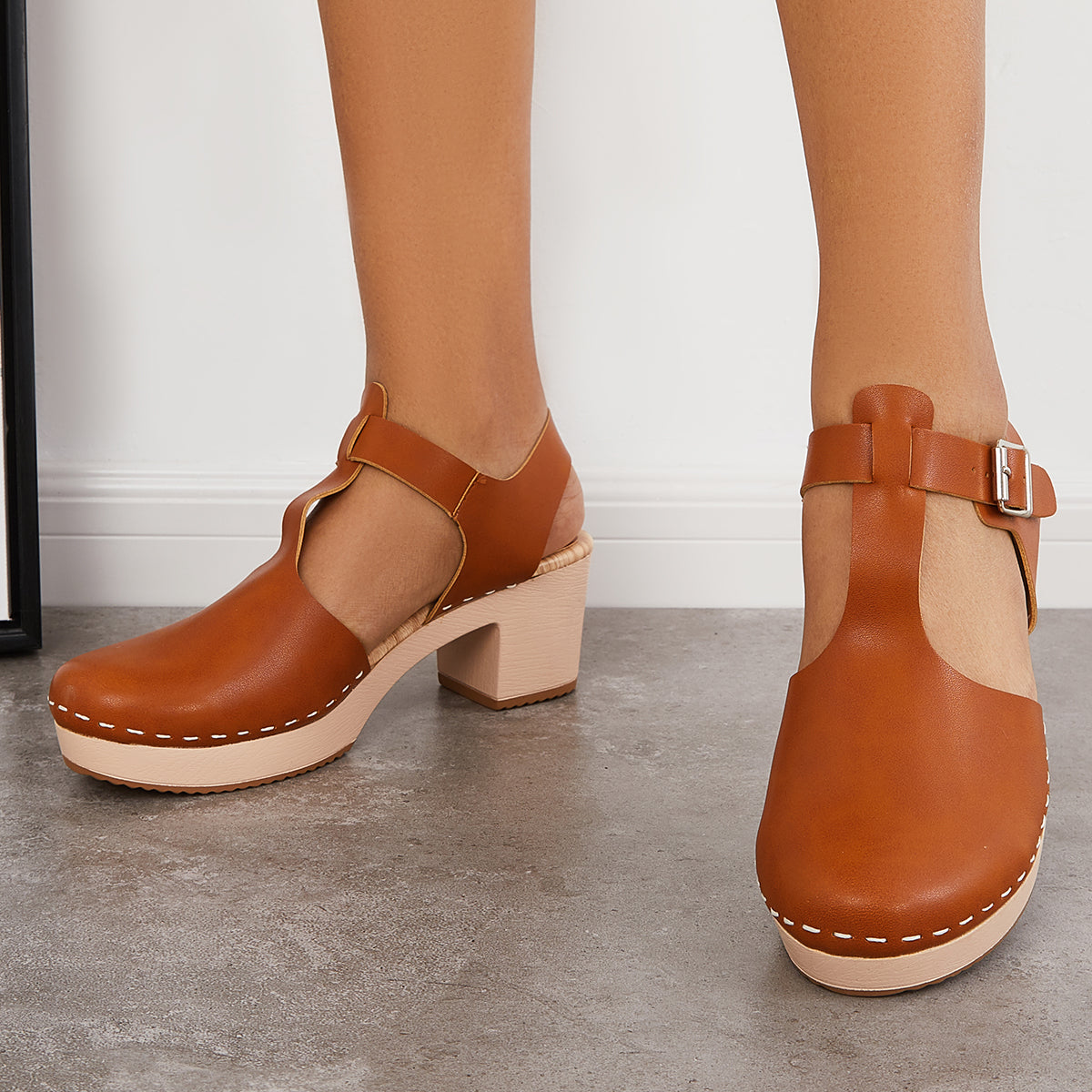 Brown Chunky Platform Heel Clogs Ankle Strap Sandals