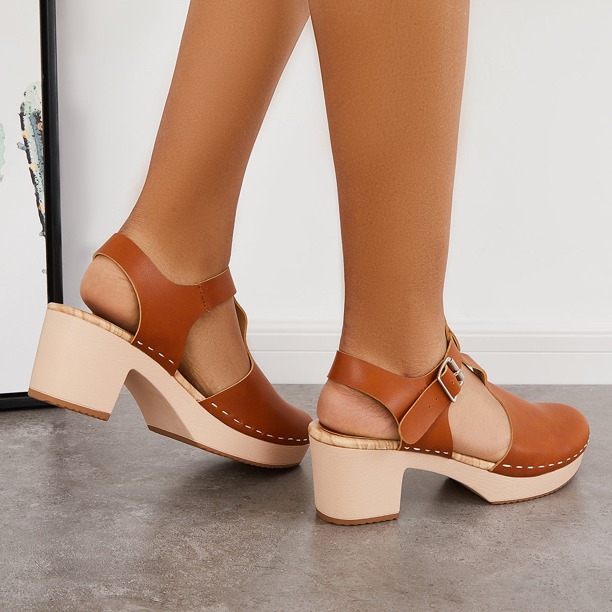 Brown Chunky Platform Heel Clogs Ankle Strap Sandals