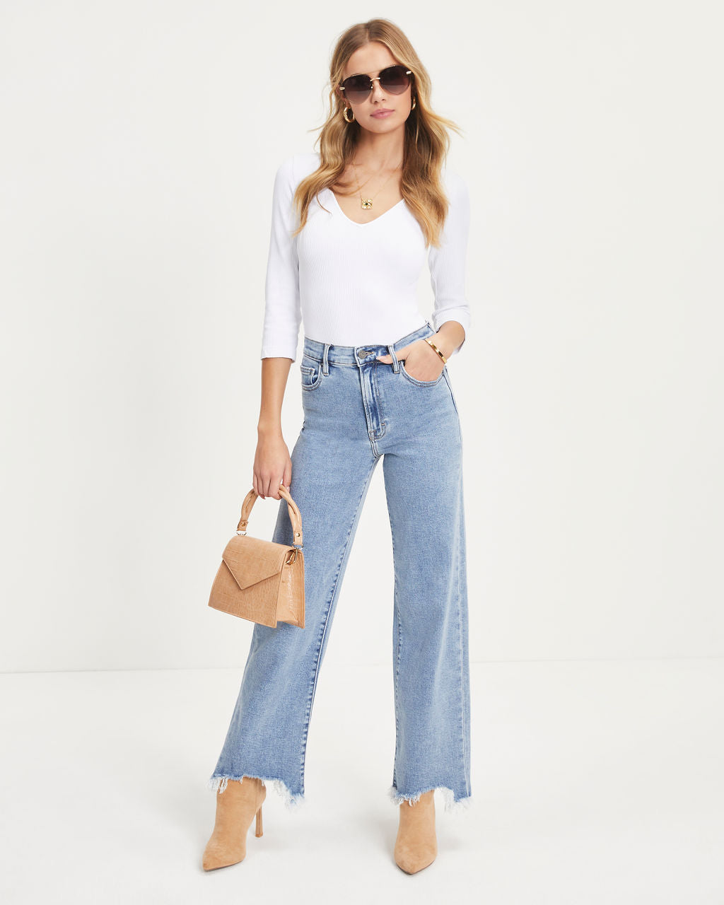 Mandy High Rise Stretch Frayed Wide Leg Jeans