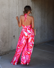 Bonnie Satin Printed Halter Pocketed Jumpsuit