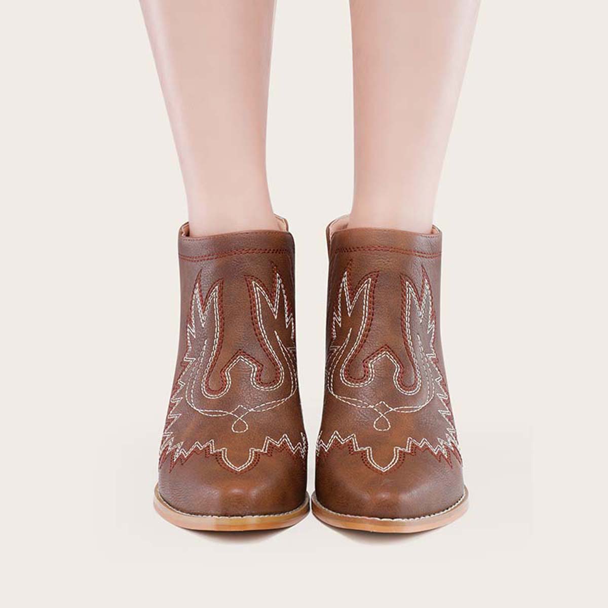 Coutout Western Cowgirl Boots Slip on Chunky Heel Ankle Booties