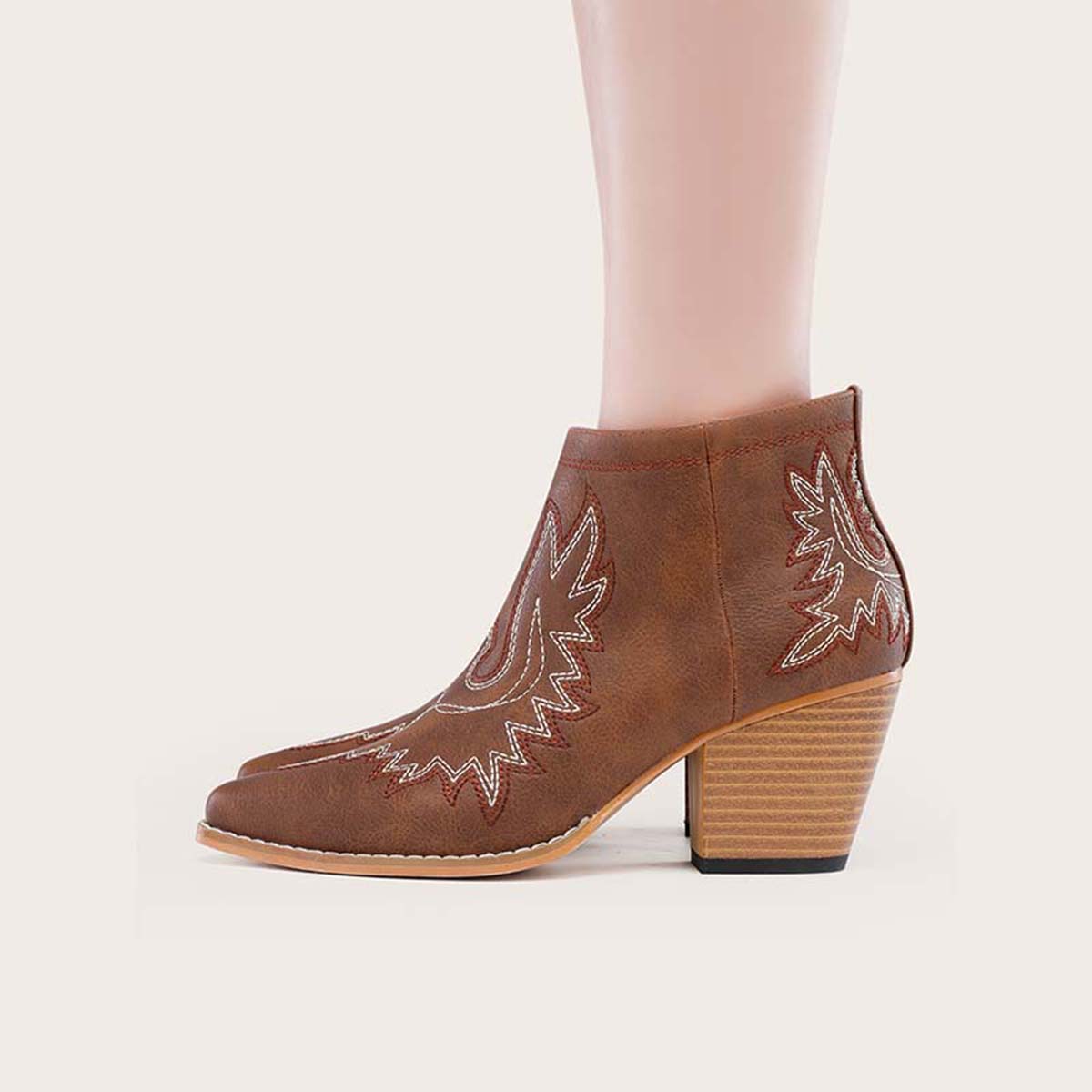 Coutout Western Cowgirl Boots Slip on Chunky Heel Ankle Booties