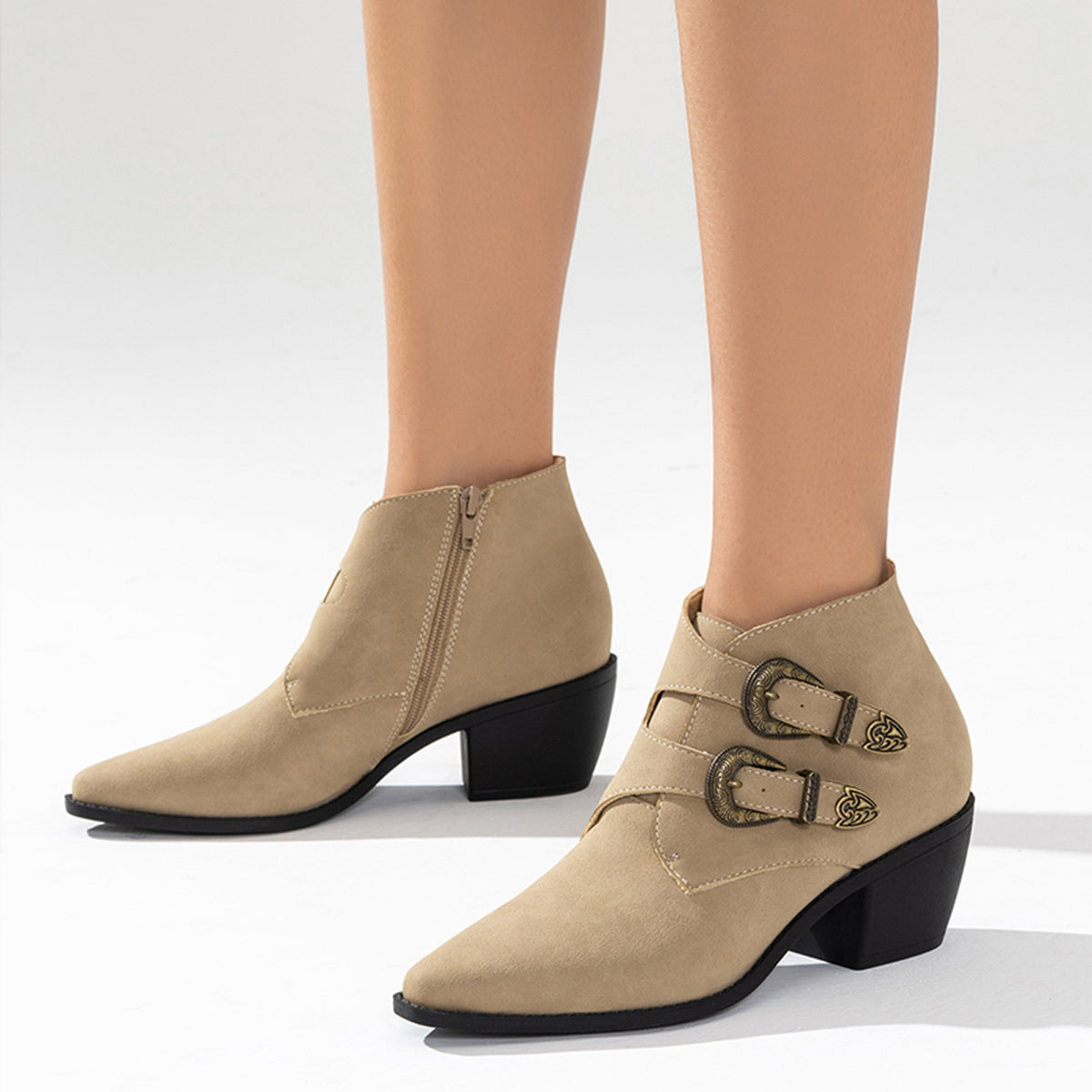 Buckle Side Zipper Ankle Boots Pointed Toe Chunky Heel Booties