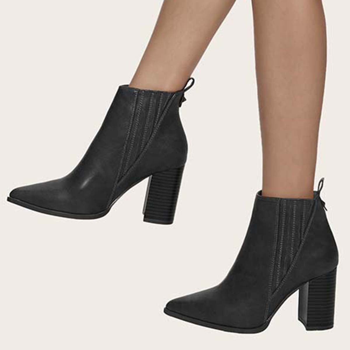 Chunky High Heel Ankle Boots Slip on Dress Booties