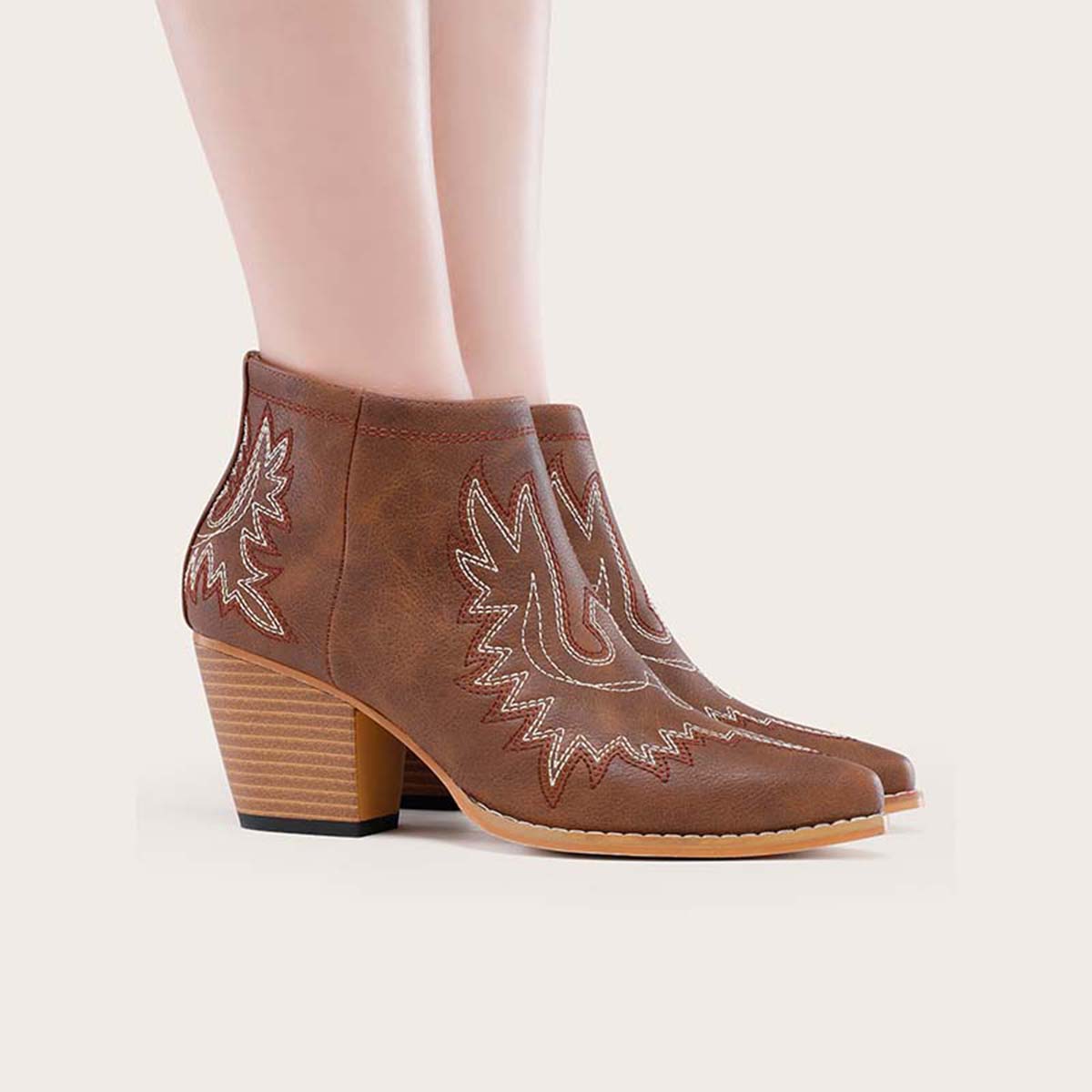 Coutout Western Cowgirl Boots Slip on Chunky Heel Ankle Booties