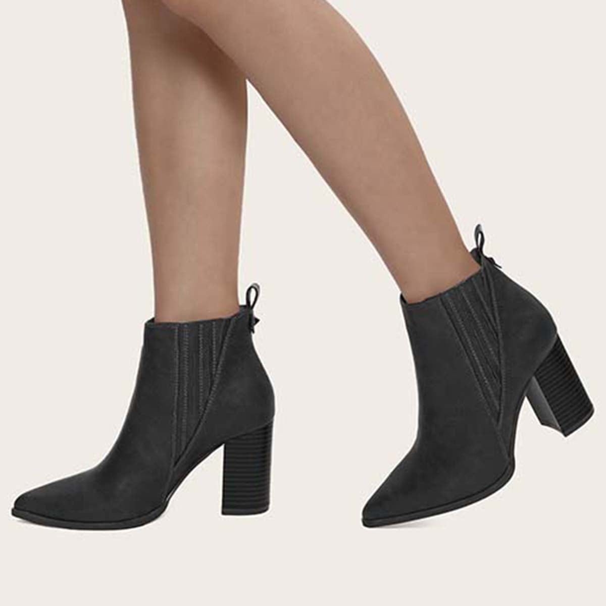 Chunky High Heel Ankle Boots Slip on Dress Booties