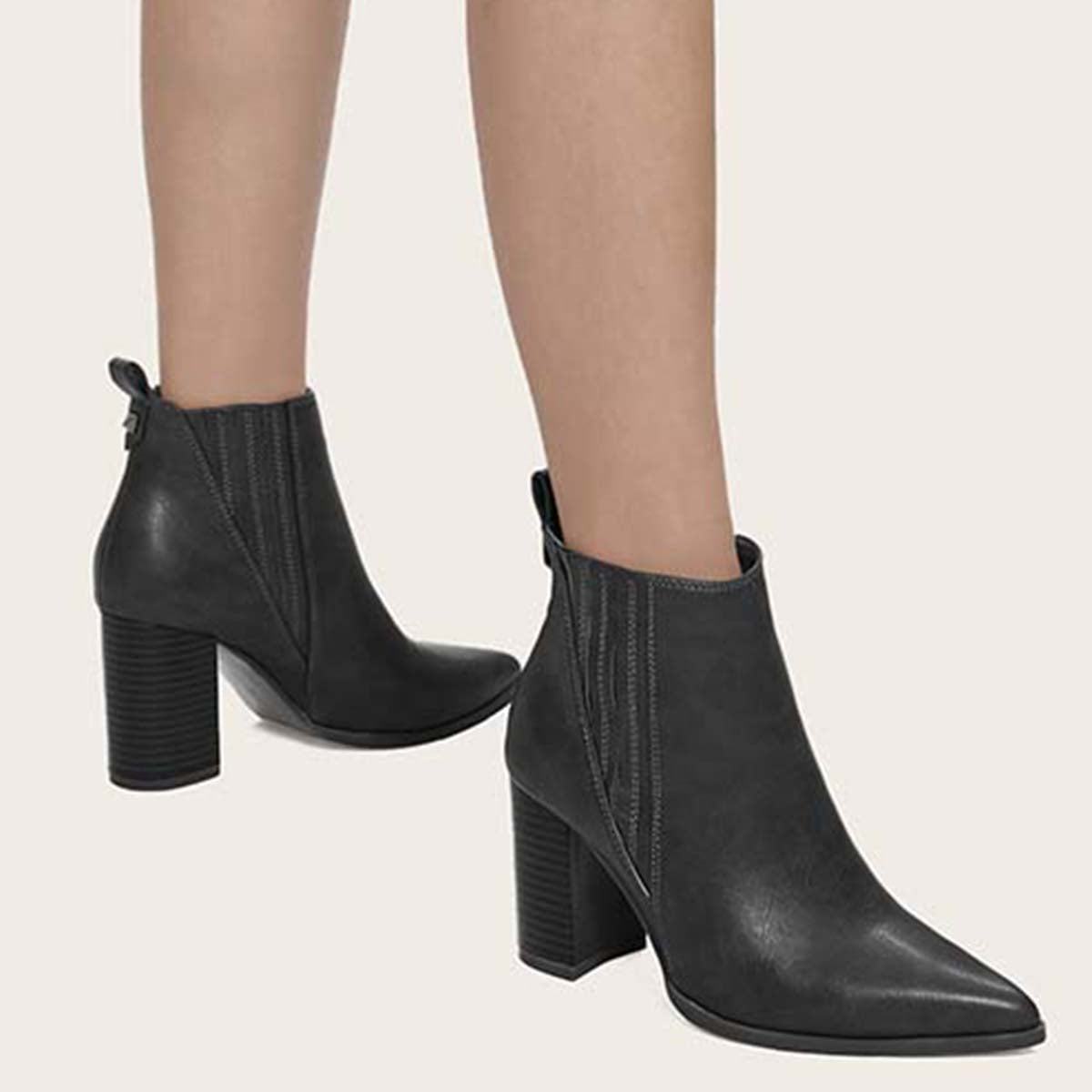 Chunky High Heel Ankle Boots Slip on Dress Booties