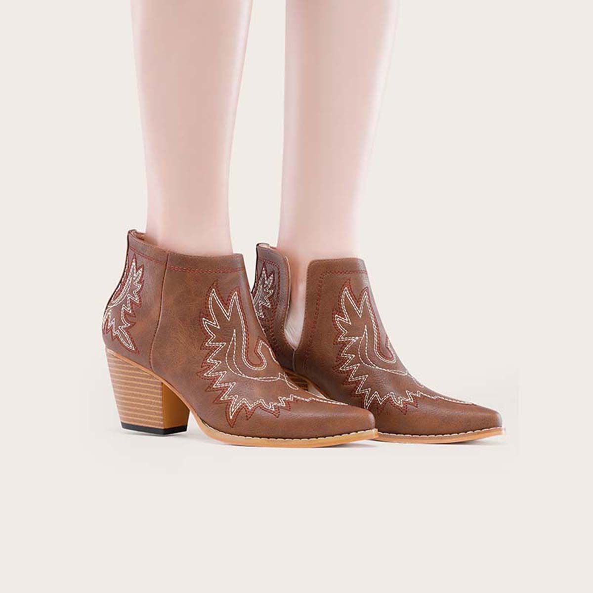 Coutout Western Cowgirl Boots Slip on Chunky Heel Ankle Booties