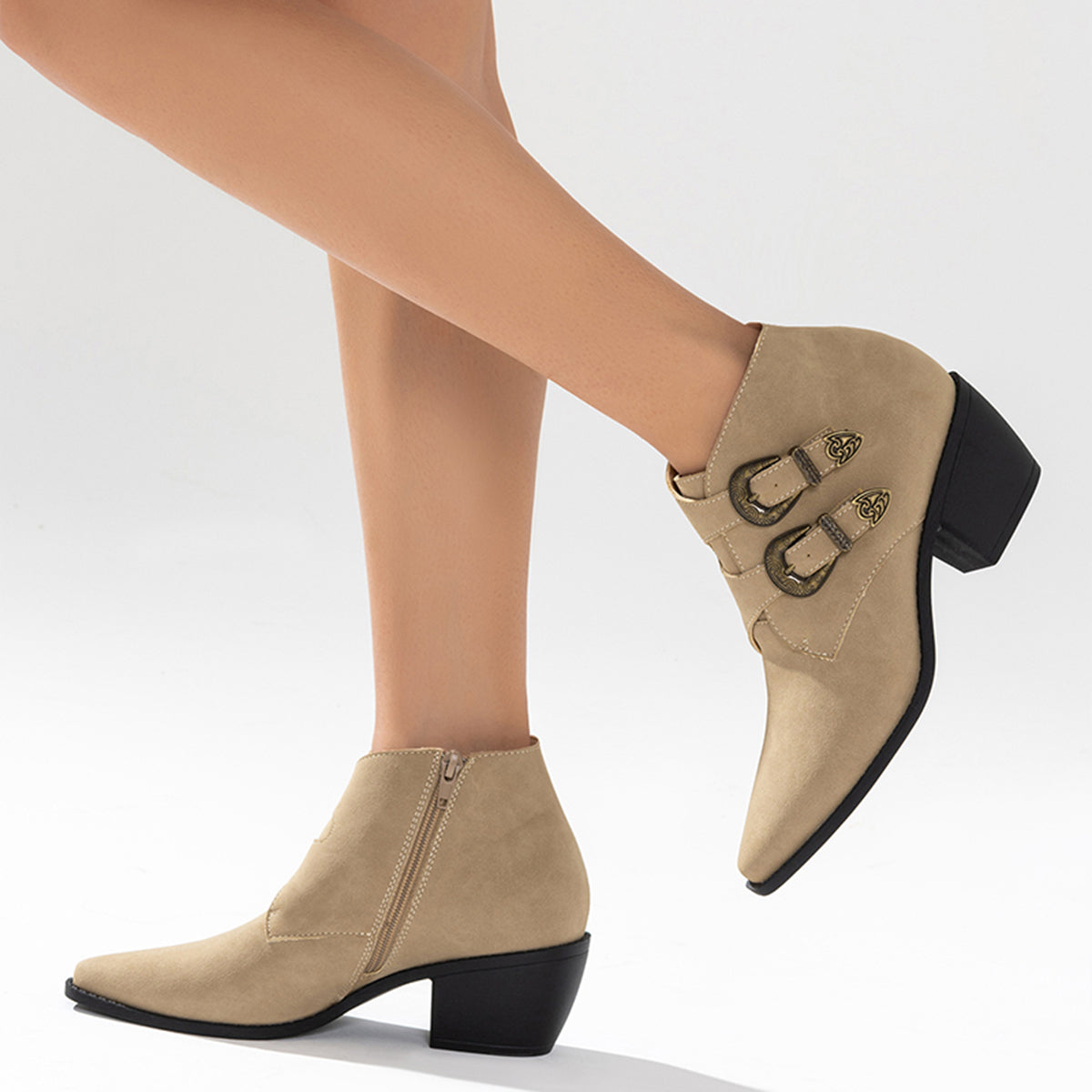 Buckle Side Zipper Ankle Boots Pointed Toe Chunky Heel Booties