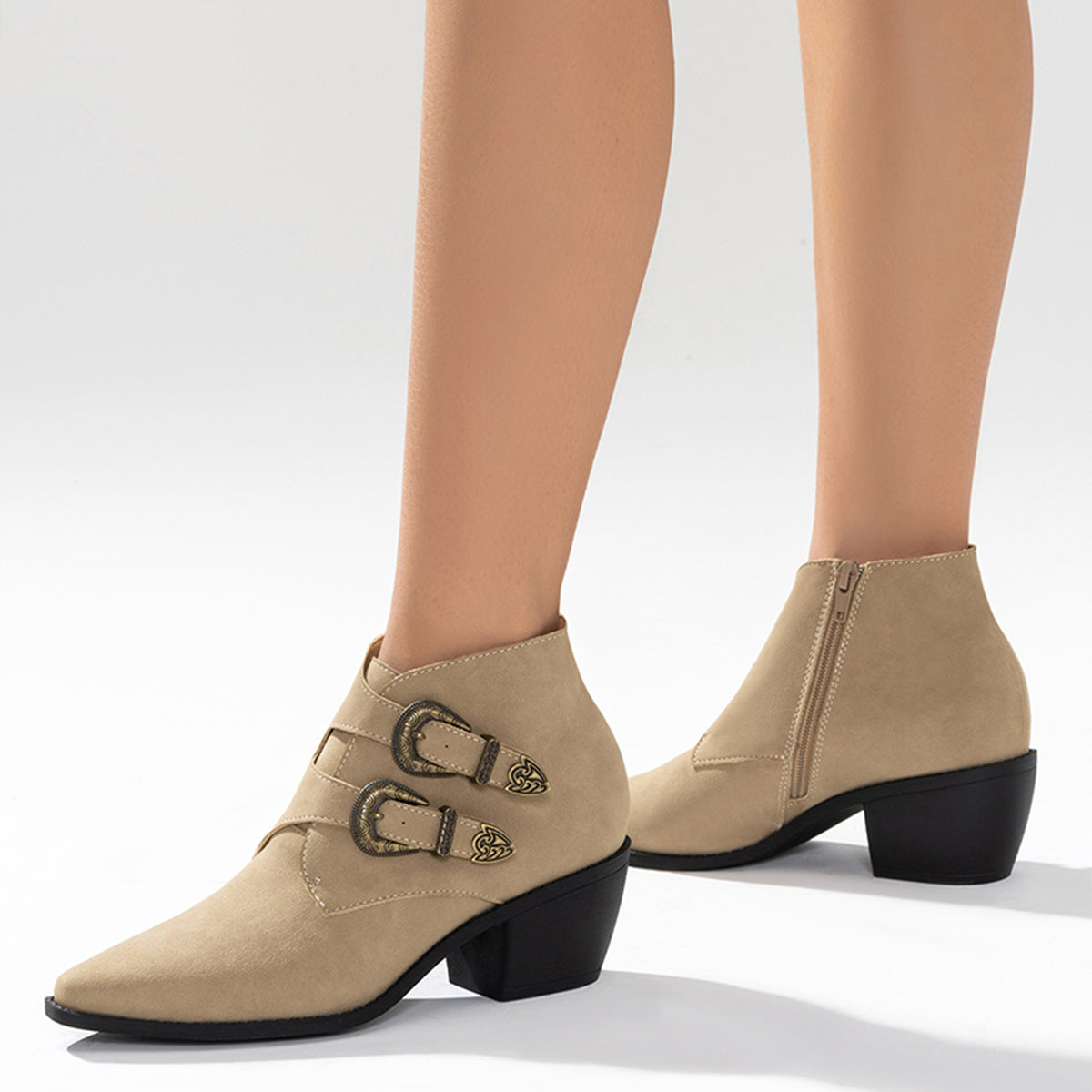 Buckle Side Zipper Ankle Boots Pointed Toe Chunky Heel Booties